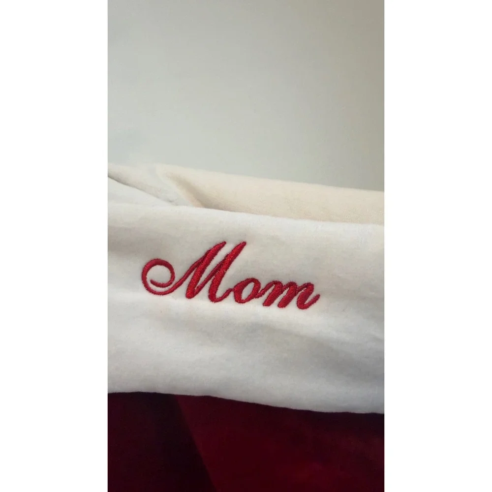 Pottery Barn Red Velvet Christmas Stocking XL Mom Embroidered White Cuff 22 In
